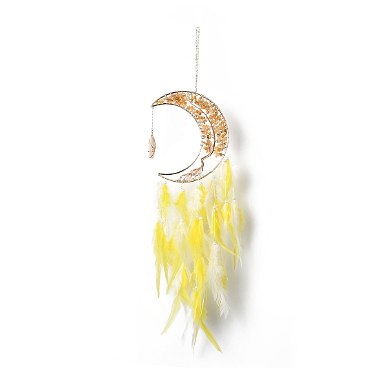Copeaux d'aventurine jaune naturel perlé arbre de vie lune avec des décorations de pendentif en plumes, avec les accessoires en fer, pour l'ornement de la maison de jardin