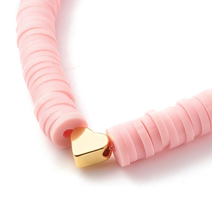 Handmade Polymer Clay Heishi Beads Stretch Kids Bracelets Set, Heart Brass Beads Bracelets
