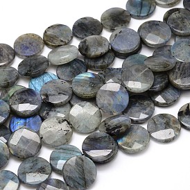 Natural Labradorite Bead Strands, Faceted, Flat Round