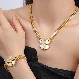 Natural Shell Clover Link Bracelets with 304 Stainless Steel Chains
