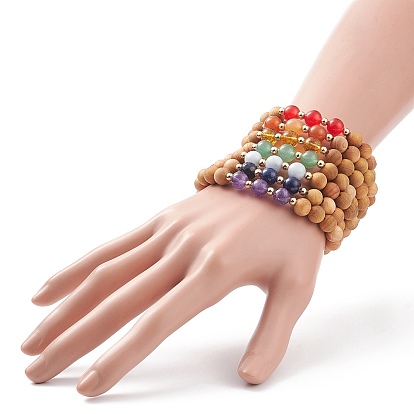 7Pcs 7 Style Natural Wood & Mixed Gemstone Round Beaded Stretch Bracelets Set, Chakra Yoga Jewelry for Women
