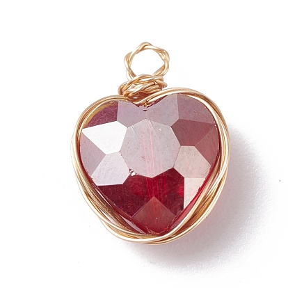 Electroplate Glass Pendants, with Copper Finding, AB Color, Faceted Heart, Golden