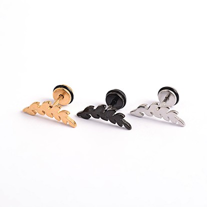 Leaf 304 Stainless Steel Stud Crawler Earrings, Climber Earrings, with Plastic Findings, 9mm, Pin: 1mm