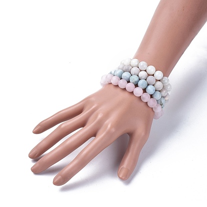 Perles de pierres précieuses naturelles s'étendent bracelets, avec aigue-marine naturelle, quartz rose naturel dépoli, pierre de lune blanche naturelle et agate naturelle, ronde, boite d'emballage