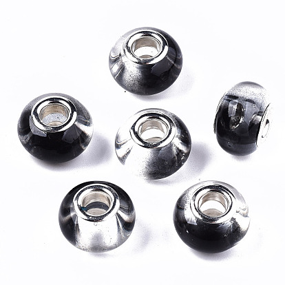 Transparent Two Tone Resin European Beads, Large Hole Beads, with Silver Tone Brass Double Cores, Rondelle