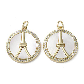 Brass Micro Pave Cubic Zirconia Pendants, with Shell, Flat Round with Tower Pattern