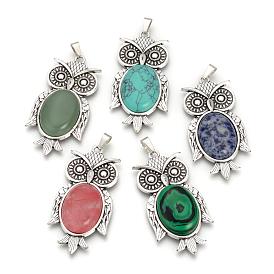Gemstone Big Pendants, with Alloy Findings, Owl, Antique Silver