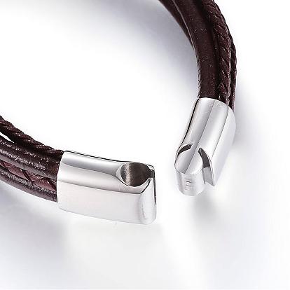 Leather Cord Multi-strand Bracelets, with 304 Stainless Steel Magnetic Clasps