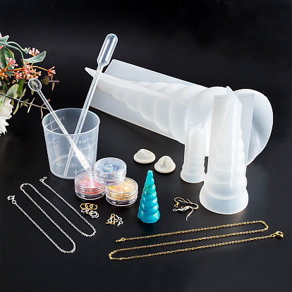 Olycraft DIY Jewelry Set, with Unicorn Horn Silicone Molds, Brass Cable Chain Necklace Marking, Iron Earring Hooks and Plastic Pipettes Dropper