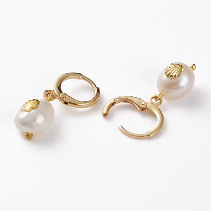Brass Huggie Hoop Earrings, with Alloy Cabochons and Natural Baroque Pearl Keshi Pearl Beads, Oval with Marine Organism