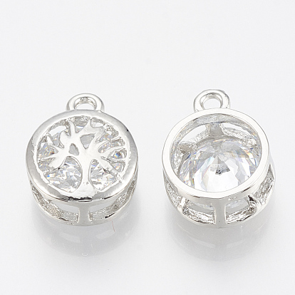 Alloy Cubic Zirconia Charms, Flat Round with Tree of Life