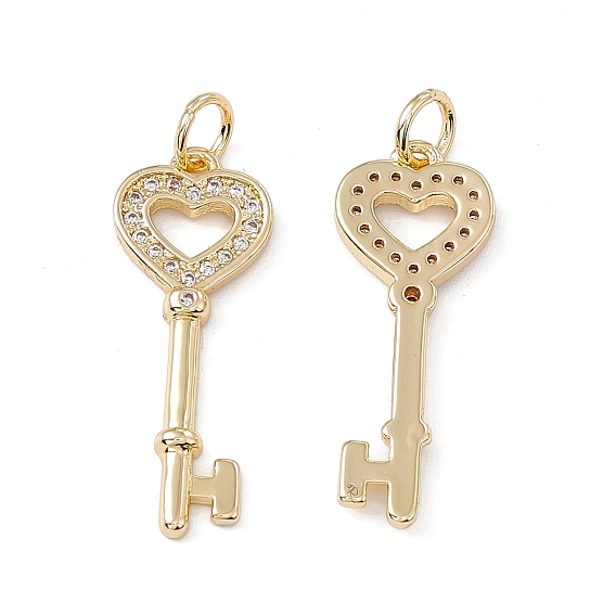 Brass Micro Pave Cubic Zirconia Pendant, with Glass & Jump Ring, Real 18K Gold Plated, Heart Key Charm