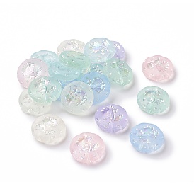 Transparent Frosted Acrylic Beads, AB Color Plated, Flat Round with Flower