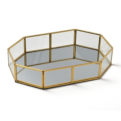 Miroir à plateau en verre, plateau de stockage, avec bord en laiton plaqué or, organisateur de bijoux cosmétiques, octogone