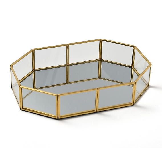 Miroir à plateau en verre, plateau de stockage, avec bord en laiton plaqué or, organisateur de bijoux cosmétiques, octogone