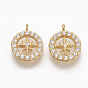 Brass Micro Pave Clear Cubic Zirconia Charms, Nickel Free, Flat Round with Star, Real 18K Gold Plated