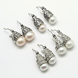 304 boucles d'oreilles en acier inoxydable, avec perles d'eau douce de perles et zircons, mixedstyle, 19~21x9~11x9mm