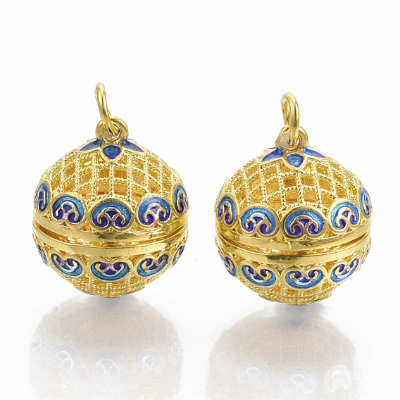 Rack Plating Brass Cage Pendants, For Chime Ball Pendant Necklaces Making, with Enamel and Iron Jump Rings, Hollow Round with Flower