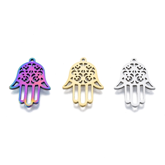 201 Stainless Steel Pendant, Hollow Charms, Hamsa Hand/Hand of Miriam with Flower