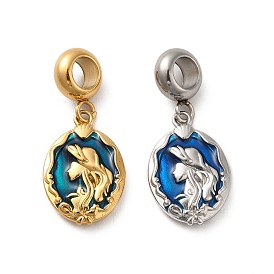 304 Stainless Steel Dodger Blue Enamel European Dangle Charms, Large Hole Pendants, Oval with Fishtail & Mermaid Pattern