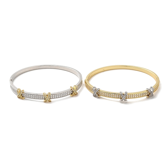 Rack Plating Brass Hinged Bangles with Cubic Zirconia, Long-Lasting Plated, Cadmium Free & Lead Free