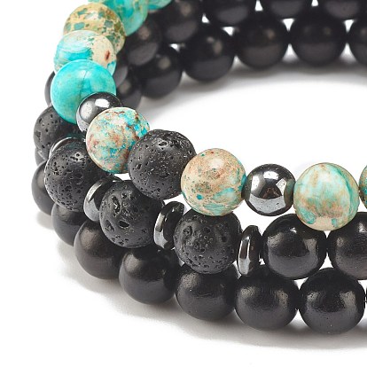 3Pcs 3 Style Natural Wood & Lava Rock & Imperial Jasper(Dyed) Beaded Stretch Bracelets Set, Essential Oil Gemstone Jewelry for Women