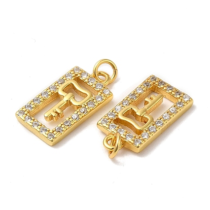 925 Sterling Silver Micro Pave Cubic Zirconia Charms, Rectangle with Key Charm, with Jump Ring