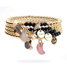 Gold Plated Copper Bead Black Crystal Bracelet with Agate Pendant Cluster