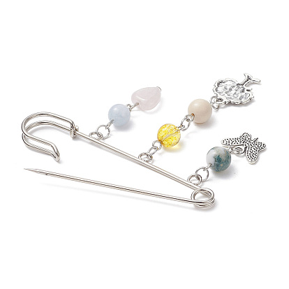 Natural & Synthetic Mixed Gemstone Heart & Butterfly & Tree Charms Safety Pin Brooch, Alloy Lapel Pin for Sweater Clasp Pants Waist Extender