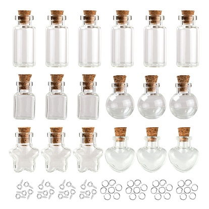 10 botella de vidrio redonda de PC, con tapón de corcho, anillos de salto y pasador de ojo de tornillo de hierro, para bricolaje deseando botella