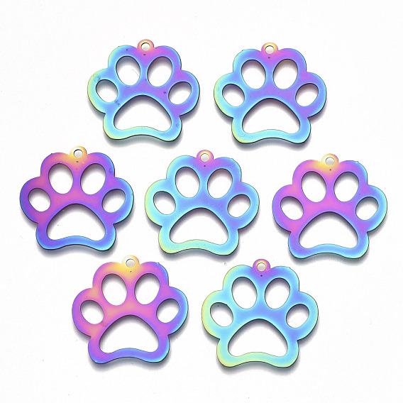 Ion Plating(IP) 201 Stainless Steel Pet Pendants, Etched Metal Embellishments, Cat Footprint