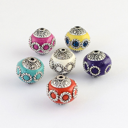Round Handmade Indonesia Beads, with Alloy Cores, Antique Silver, 14~15x15mm, Hole: 1.5mm