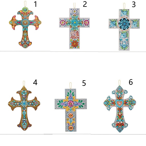 DIY Religion Theme Diamond Pendant Decoration Kits, Including Canvas, Resin Rhinestones, Diamond Sticky Pen, Tray Plate and Glue Clay, Cross with Flower Pattern