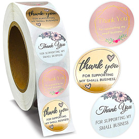 3 Patterns Round Dot Thank You Paper Self-Adhesive Gift Sticker Rolls, for DIY Albums Diary, Laptop Decoration Cartoon Scrapbooking