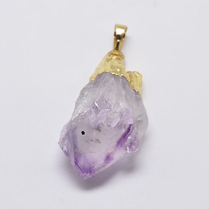 Natural Amethyst Nuggets Golden Plated Pendants, with Brass Finding, 35~40x18~22mm, Hole: 8x5mm