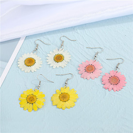 Resin Flower Earrings with Dried Flowers and Glue Drop Daisy Ear Hooks