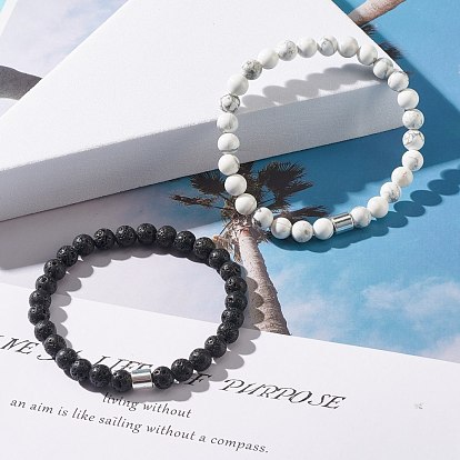 2Pcs Natural Lava Rock & Howlite Round Beaded Stretch Bracelets Set with Synthetic Hematite Column, Gemstone Jewelry for Women