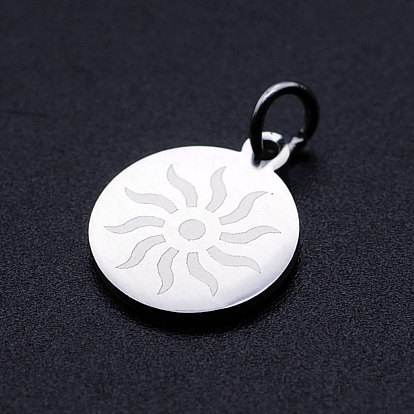 201 Stainless Steel Charms, with Jump Rings, Flat Round with Sun