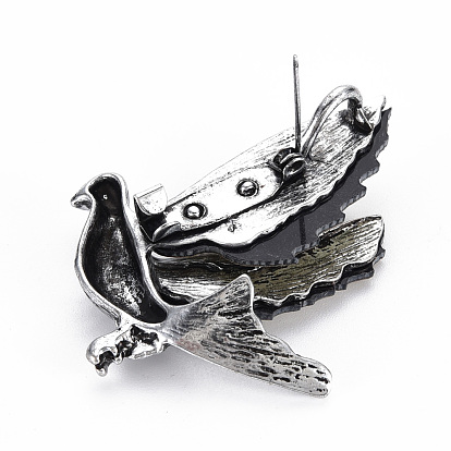 Broche de pájaro de concha natural, pin de solapa de aleación con lazo para mochila ropa colgante joyería, sin plomo y cadmio, plata antigua