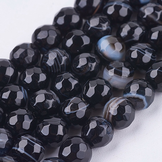 Natural Madagascar Black Agate Bead Strands, Faceted, Round