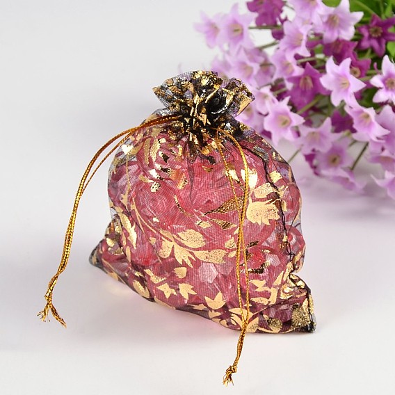 Organza Bags, with Golden Hot Stamping Rose Flower