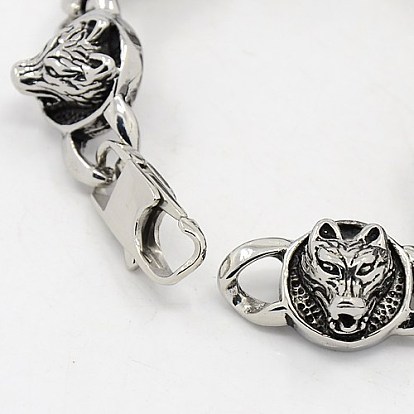 Fashionable Retro Jewelry 304 Stainless Steel Wolf Bracelets for Men, with Clasps