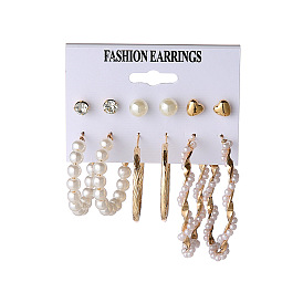 Pearl Circle Earrings Set with Heart-shaped Alloy Inlay Diamond Ear Accessories (6 Pieces)