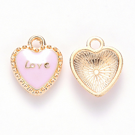 Alloy Enamel Pendants, Heart, with Word LOVE, for Valentine's Day, Light Gold