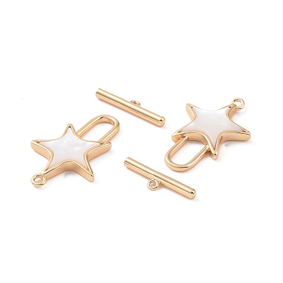 Natural White Shell Toggle Clasps, with Brass Findings, Star