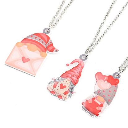 Valentine's Day Acrylic Pendant Necklace with Zinc Alloy Chains, Gnome with Heart