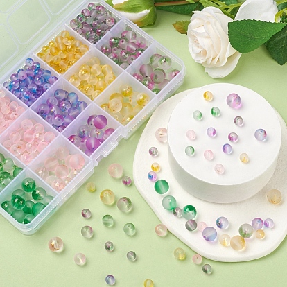 565pcs 15 perles de verre givrées peintes par pulvérisation de couleurs, avec une feuille d'or, ronde