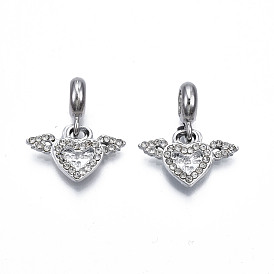 Rack Plating Alloy European Dangle Charms, with Rhinestone, Large Hole Beads, Cadmium Free & Lead Free, Platinum, Heart with Word & Wing
