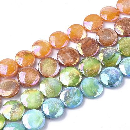Chapelets de perles en coquille eau douce , de couleur plaquée ab , teint, plat rond