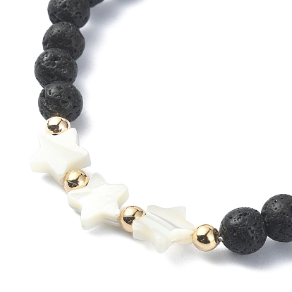 Natural Lava Rock Round Beaded Bracelets, with Shell, for Women